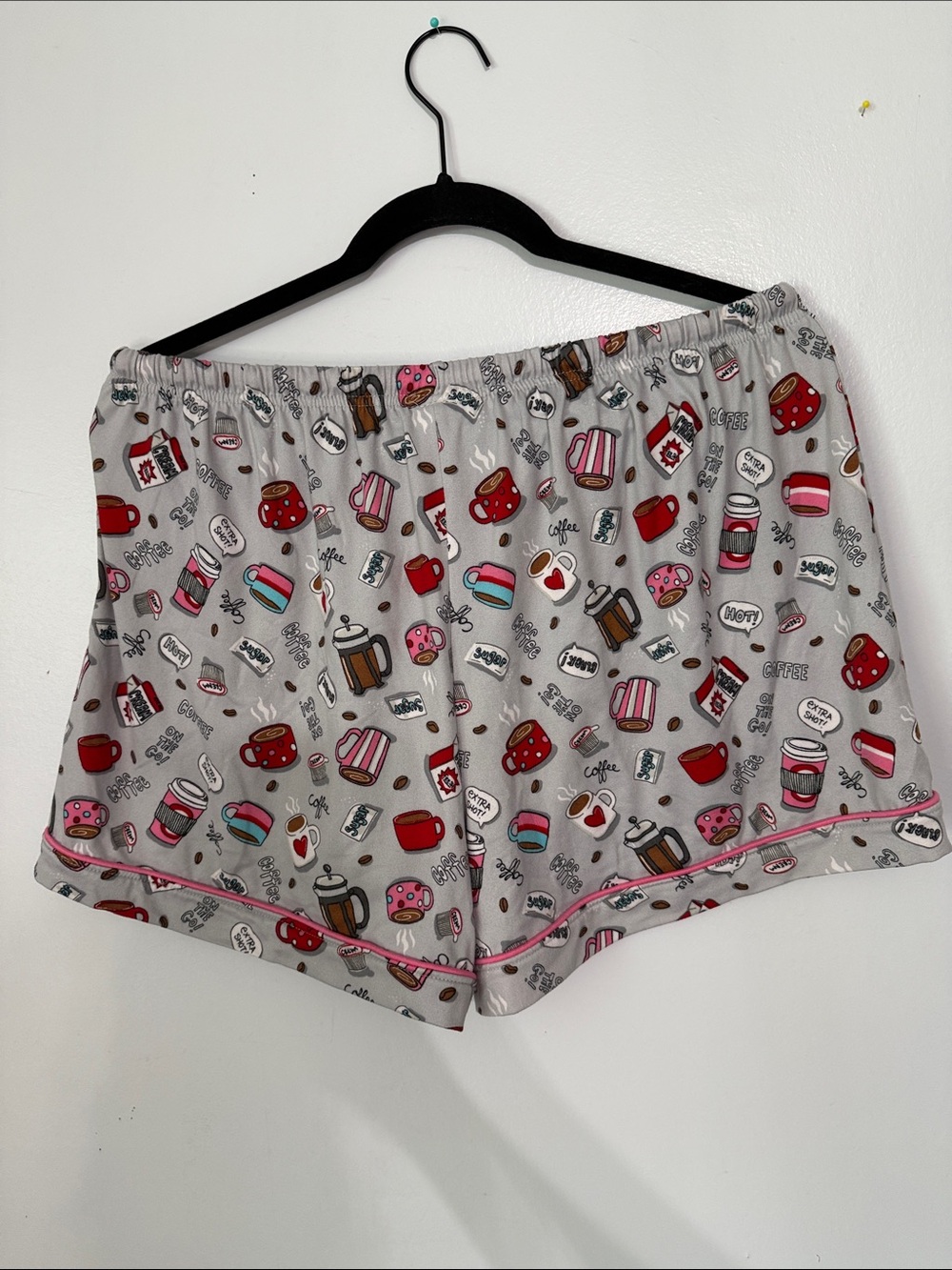 Pillow Talk Coffee Lovers Print Grey Pink Soft Top Shorts Pajama Set XL - Picture 6 of 7